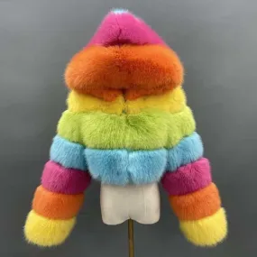 Rainbow Multicolour Cropped Hooded Faux Fur Jacket