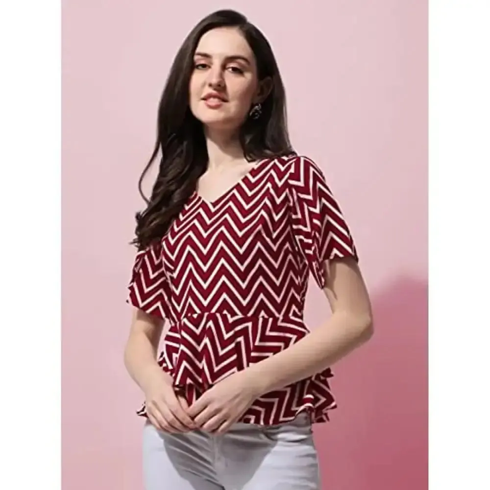 Red Geometric Print Peplum Top in Crepe Fabric with V-Neck and Half Sleeve