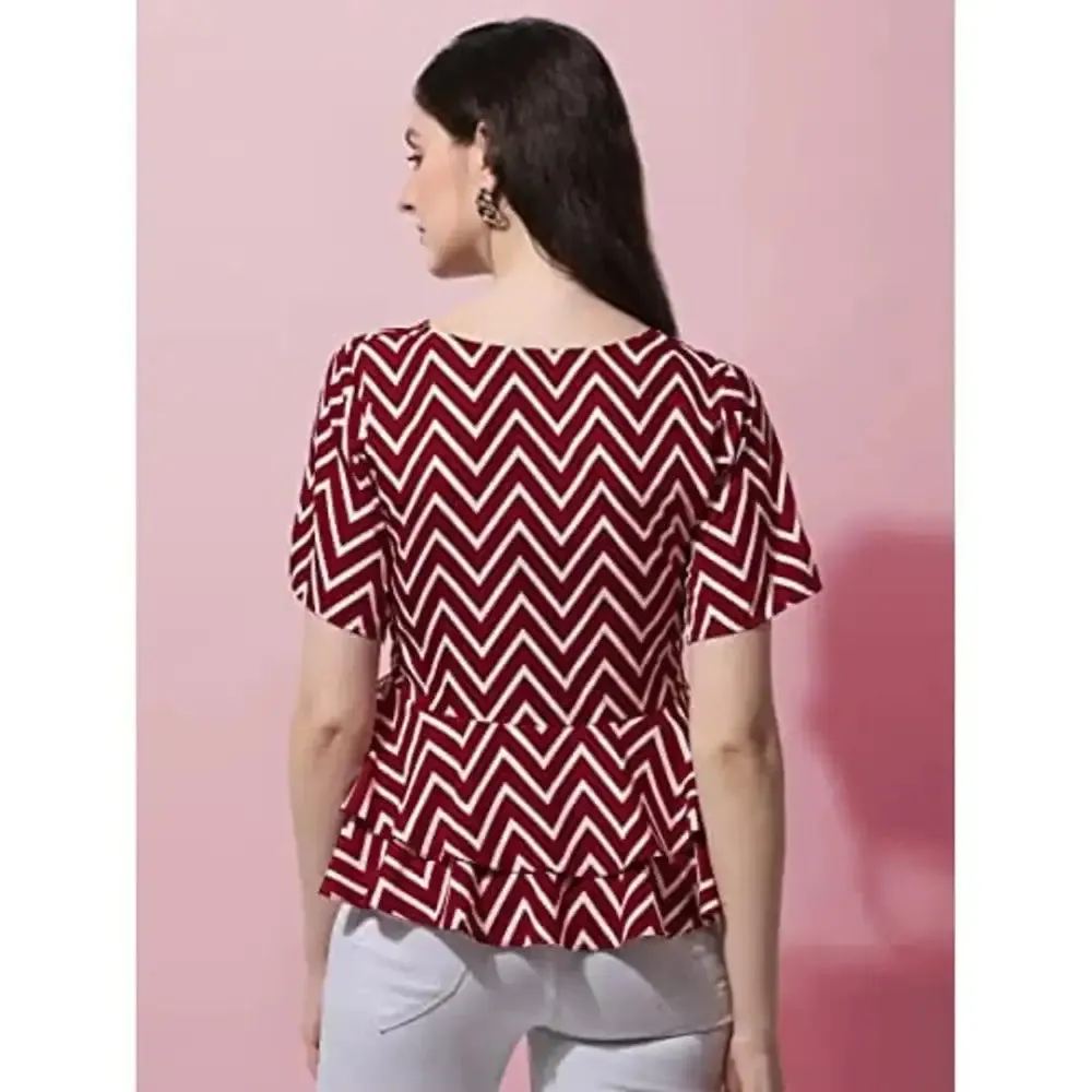 Red Geometric Print Peplum Top in Crepe Fabric with V-Neck and Half Sleeve