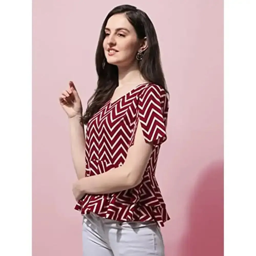 Red Geometric Print Peplum Top in Crepe Fabric with V-Neck and Half Sleeve