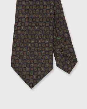 Silk Print Tie in Navy/Green/Gold Foulard