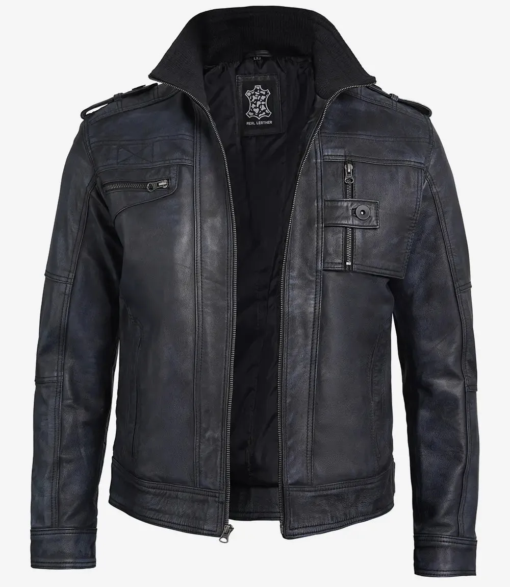 Tavares Mens Distressed Black Leather Biker Jacket