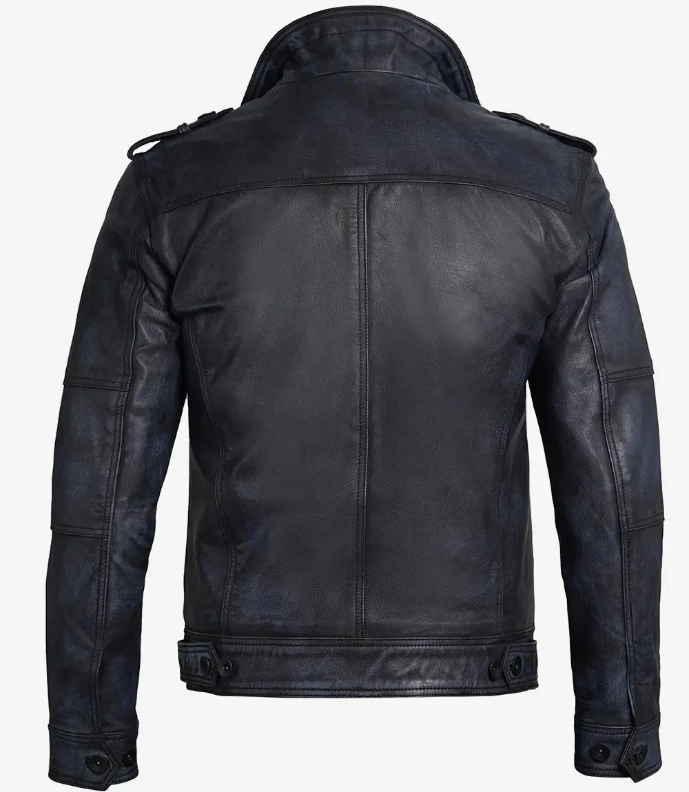 Tavares Mens Distressed Black Leather Biker Jacket