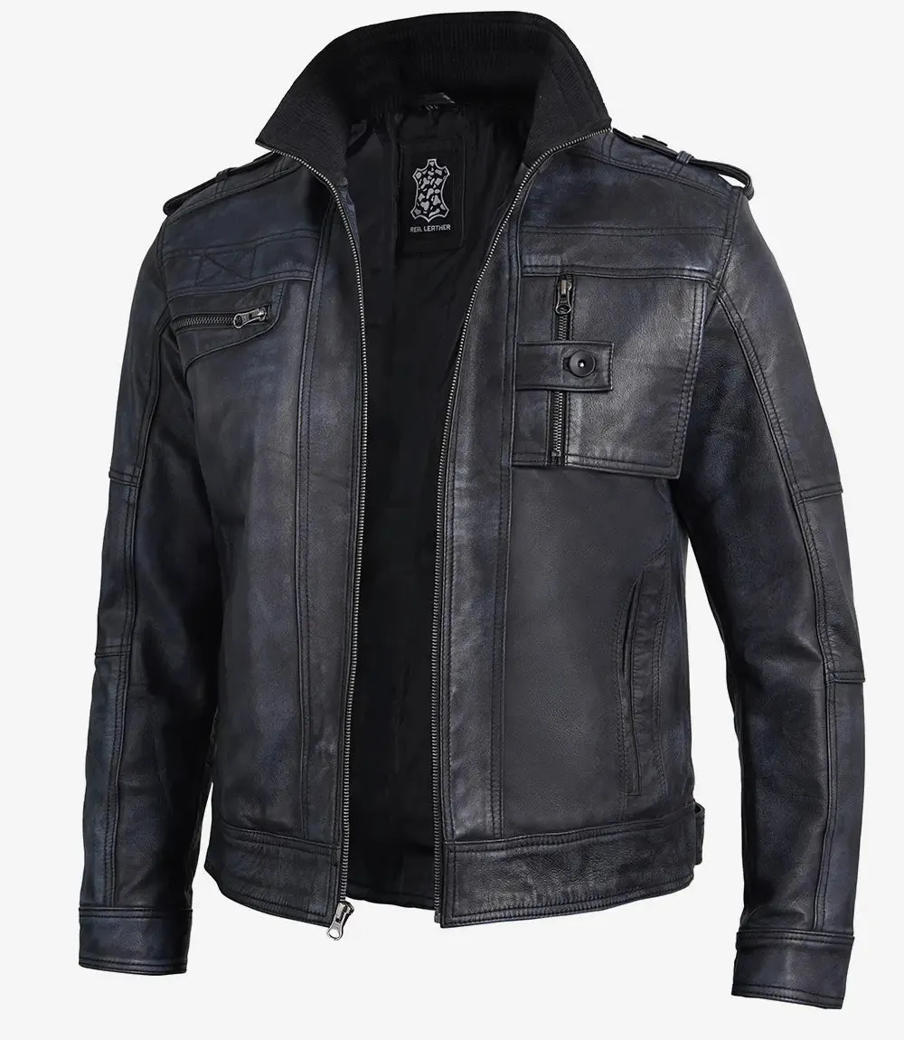 Tavares Mens Distressed Black Leather Biker Jacket