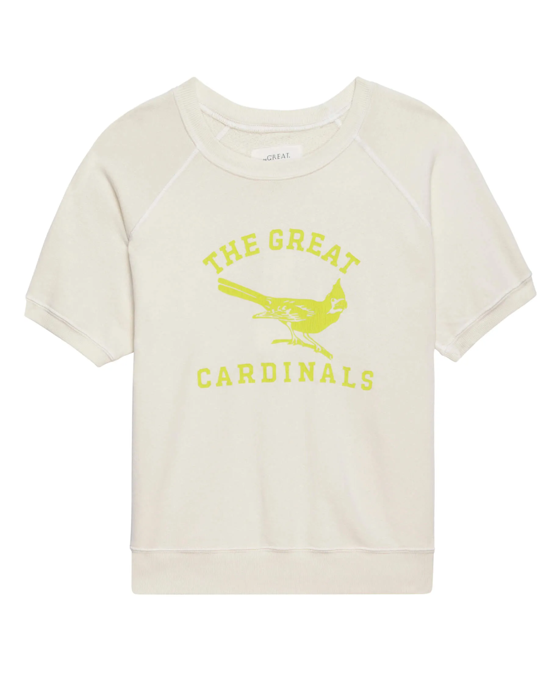 The Short Sleeve Sweatshirt. Graphic -- Washed White with Perched Cardinal Graphic