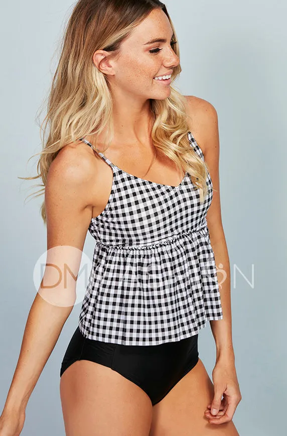 V Peplum Tankini Top - Black Gingham