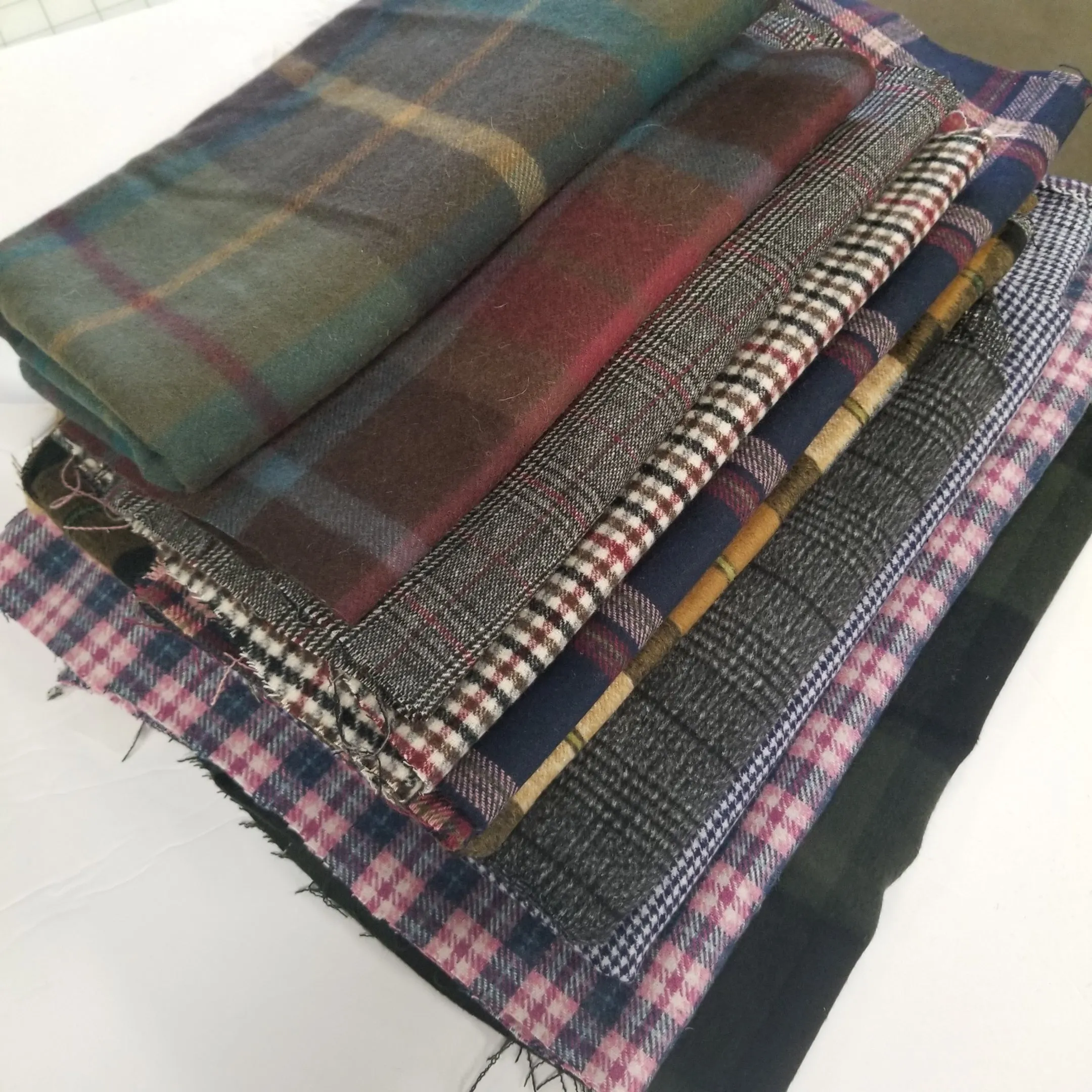 Wool Blend Melton Plaid Coating Olive and Teal Woven-Sold by the yard